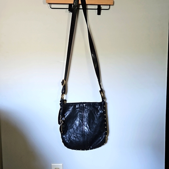 Fossil Handbags - Fossil Black Leather Crossbody Bagwith Gold Studs